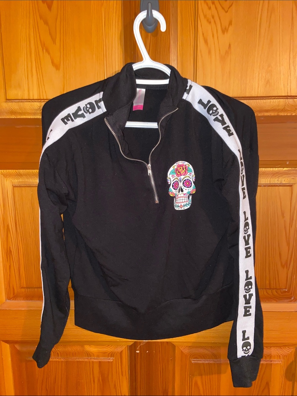 No Boundaries Black Half-Zip Sweatshirt with Multicolor Sugar Skull